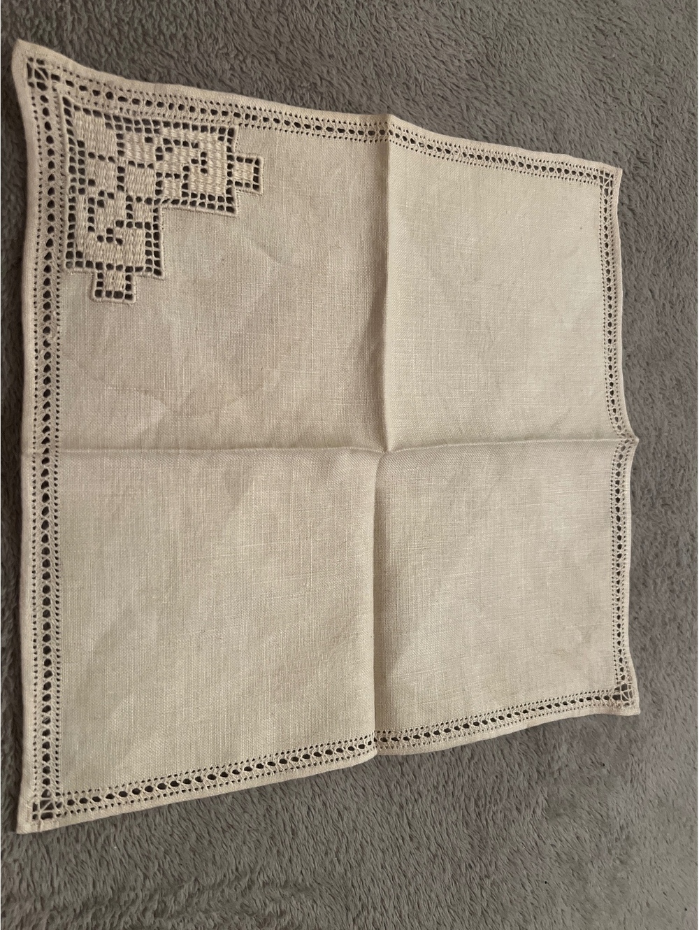 Vintage Handmade Beige Linen Embroidered Napkin with Cutwork Detailing